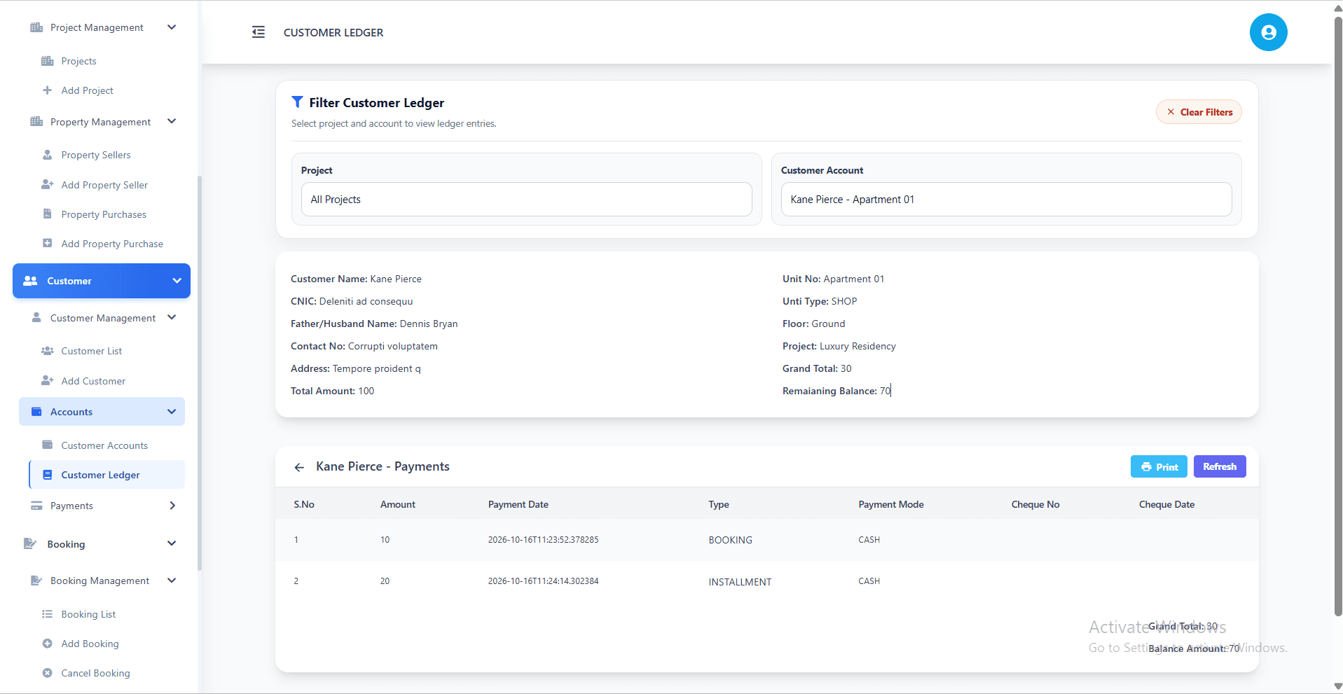 Placeholder preview of the CloudREMS customer ledger screen. Replace with an actual portal screenshot.